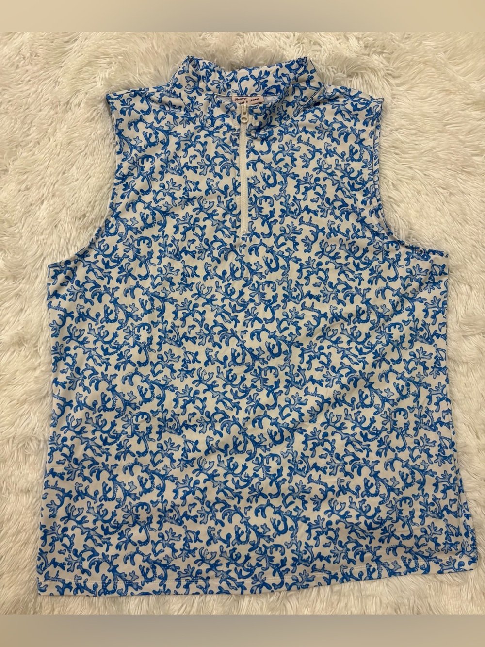 Tommy Bahama Blue & White Sleeveless Zip Mock Neck Top